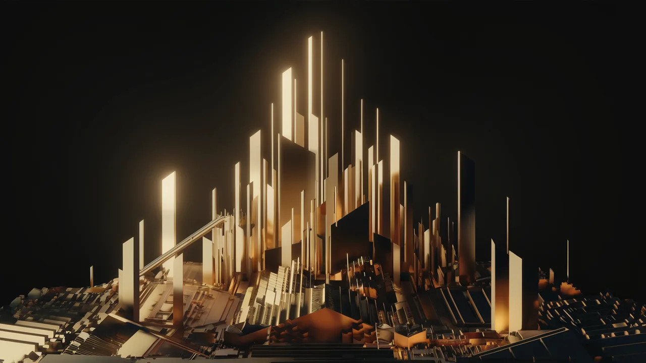 A golden city rising and assembling from beams of light