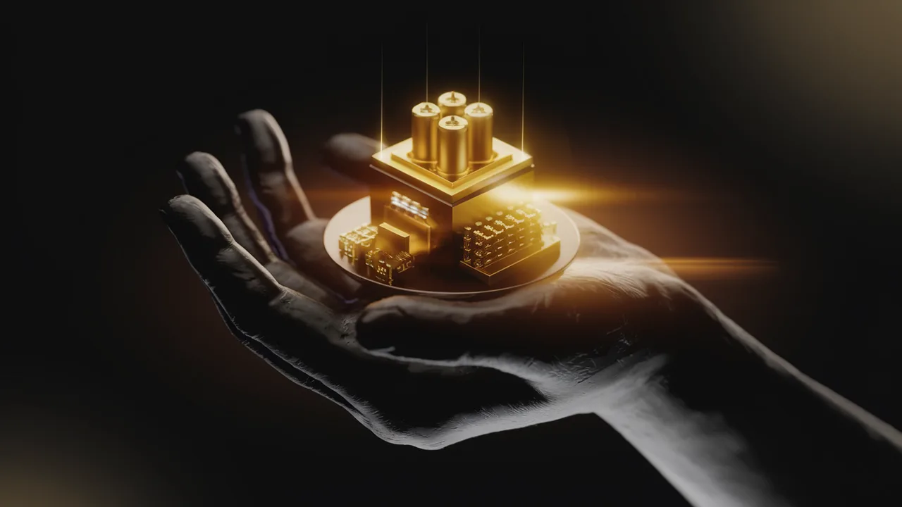 A tiny golden factory and power core in an open hand
